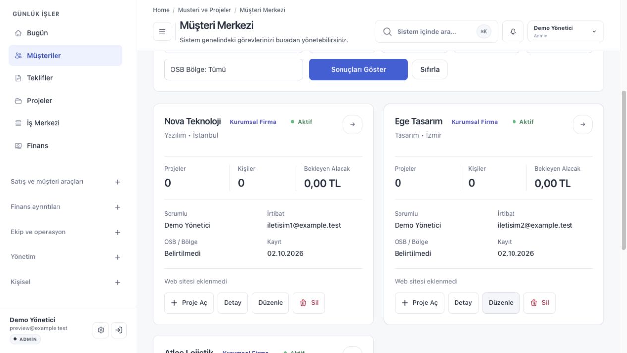 dengeX CRM müşteri listesi: firma, sorumlu kişi, proje ve bekleyen alacak bilgileri