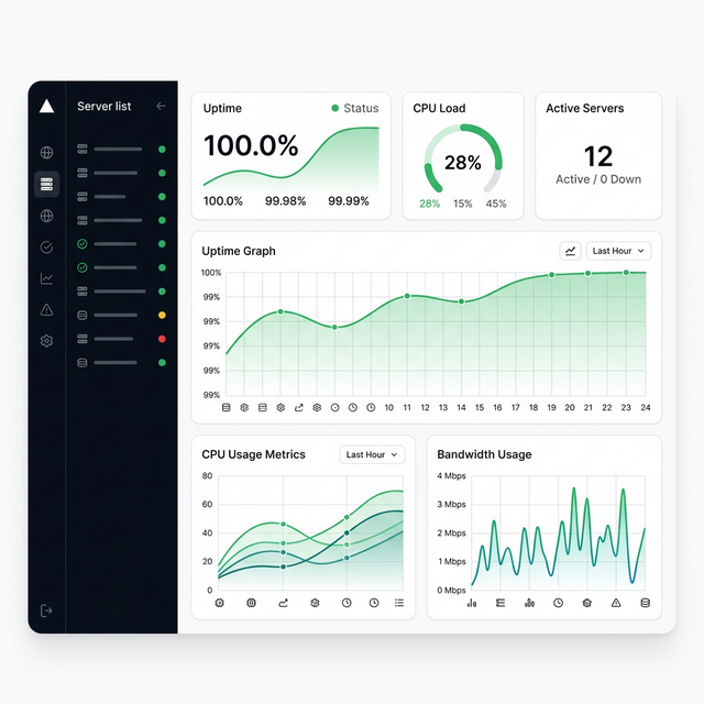 Sunucu İzleme Dashboard — Uptime, CPU, Bant Genişliği Metrikleri